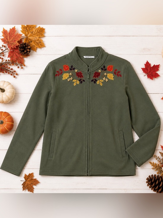 Mandal Bay Jackets & Blazers - NWT Mandal Bay Olive Green Embroidered Fall Leaves Full Zip Jacket Women’s M